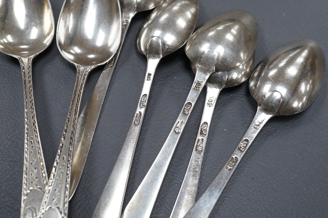 Seven George III Irish Celtic point bright cut teaspoons, John Pittar, Dublin, circa 1760, 13cm, 88 grams.